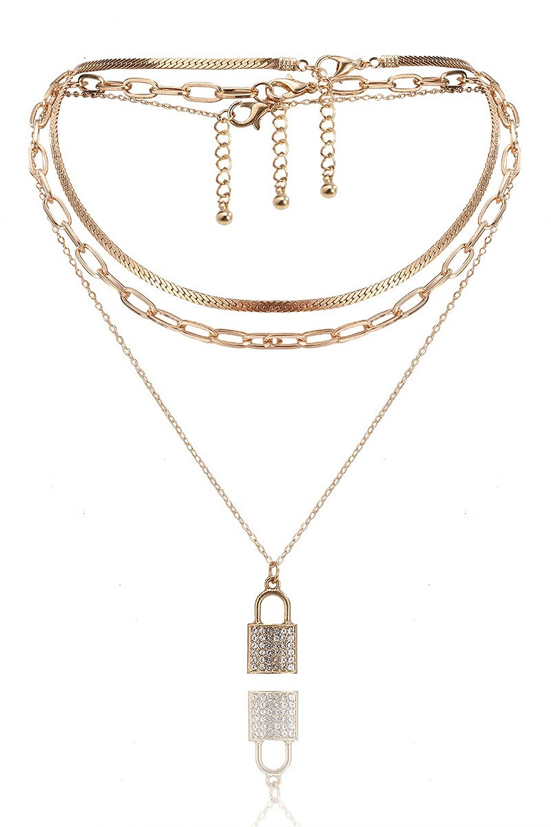 Rhinestone Studded Lock Necklace - Corinne's Boutique