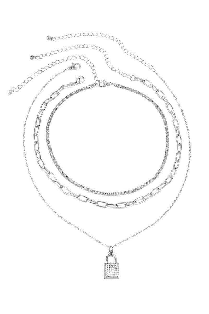 Rhinestone Studded Lock Necklace - Corinne's Boutique