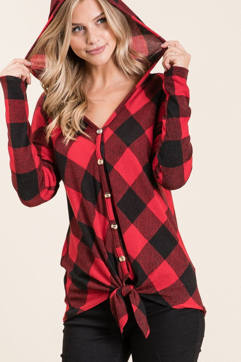 Checker Print Hooded Tie Top - Corinne's Boutique