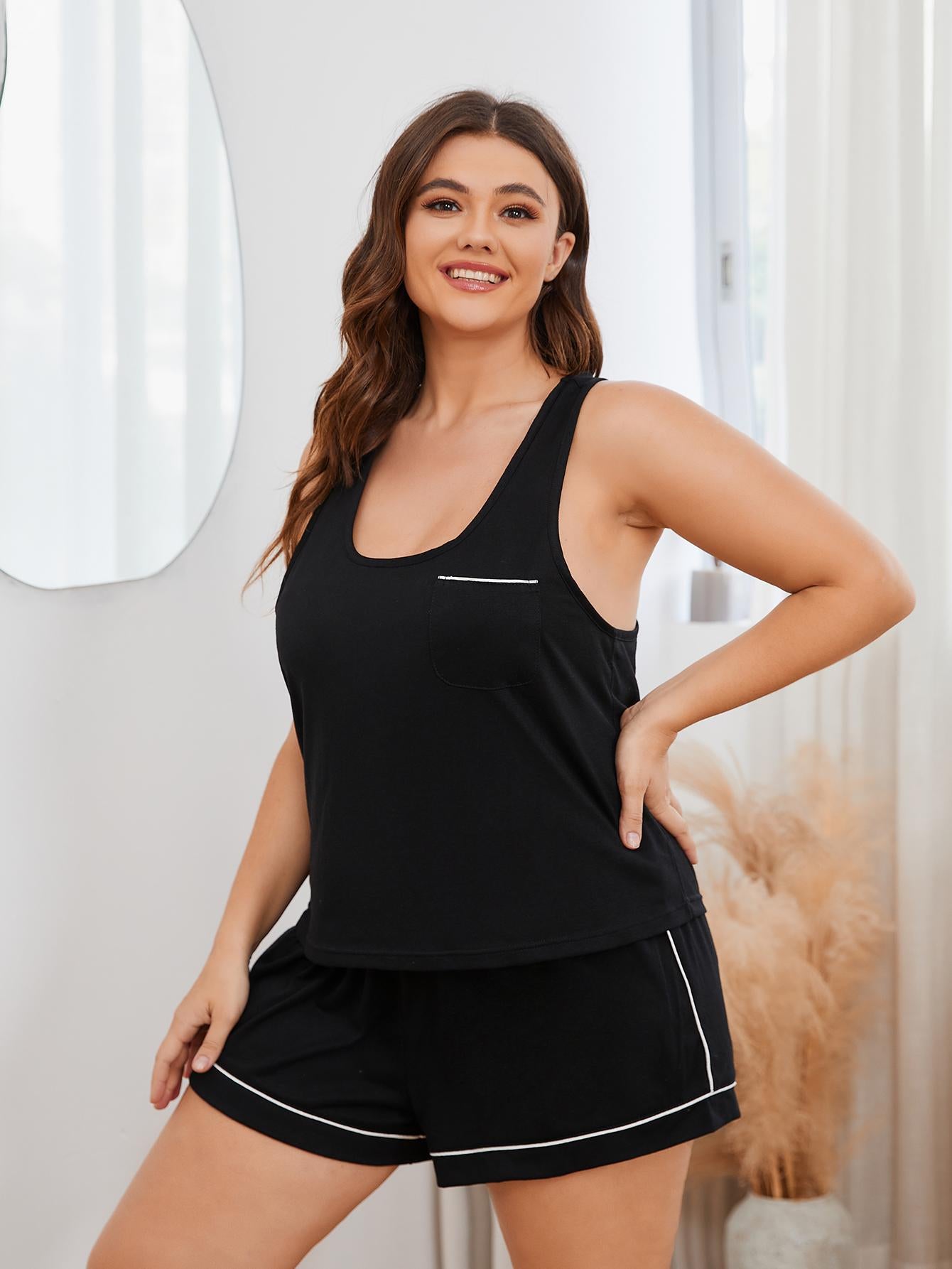 Plus Size Contrast Piping Racerback Tank and Shorts Lounge Set - Corinne's Boutique