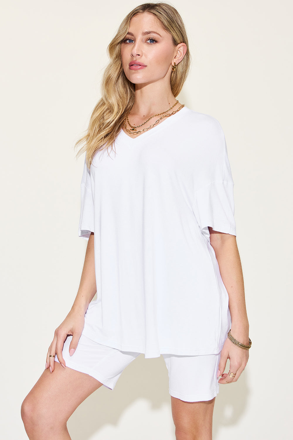 Basic Bae Full Size V-Neck Drop Shoulder T-Shirt and Shorts Set - Corinne's Boutique