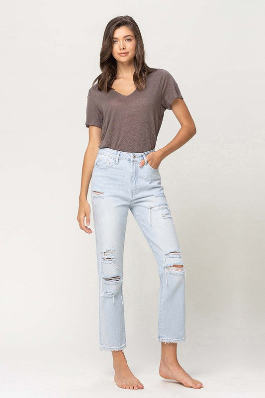 SUPER HIGH RISE DISTRESSED CROP STRAIGHT BY FLYING MONKEY JEANS - Corinne's Boutique