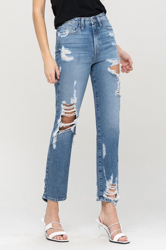 SUPER HIGH RISE TATTERED ANKLE STRAIGHT BY FLYING MONKEY JEANS - Corinne's Boutique