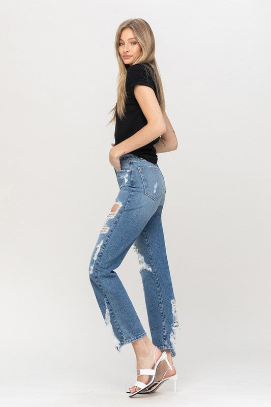 SUPER HIGH RISE TATTERED ANKLE STRAIGHT BY FLYING MONKEY JEANS - Corinne's Boutique