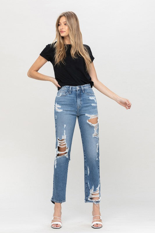 SUPER HIGH RISE TATTERED ANKLE STRAIGHT BY FLYING MONKEY JEANS - Corinne's Boutique