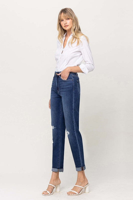 DISTRESSED DOUBLE CUFFED STRETCH MOM JEAN BY FLYING MONKEY JEANS - Corinne's Boutique