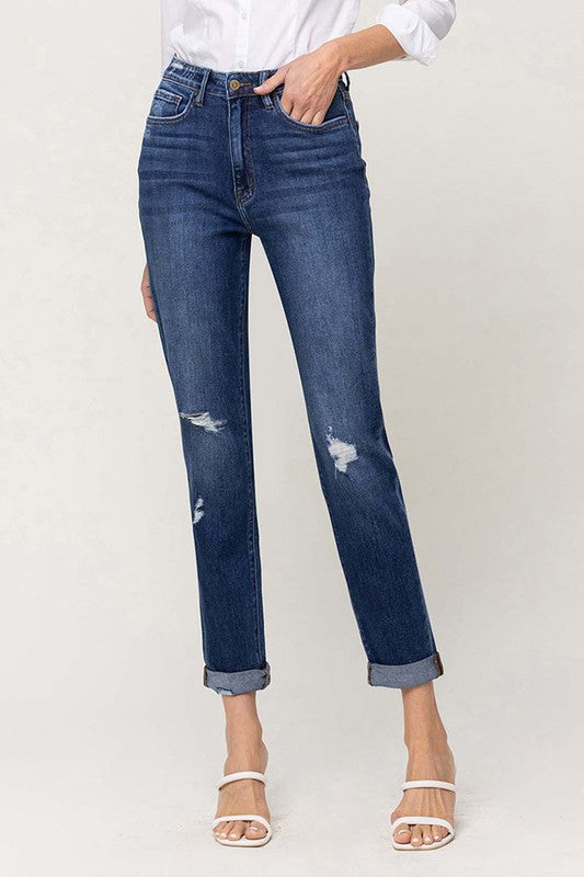 DISTRESSED DOUBLE CUFFED STRETCH MOM JEAN BY FLYING MONKEY JEANS - Corinne's Boutique