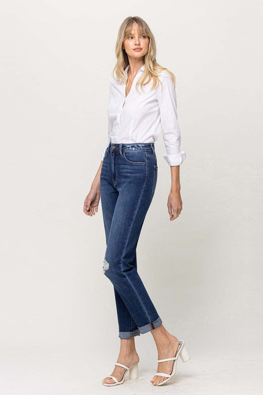 DISTRESSED DOUBLE CUFFED STRETCH MOM JEAN BY FLYING MONKEY JEANS - Corinne's Boutique