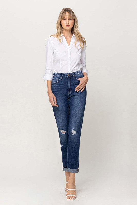 DISTRESSED DOUBLE CUFFED STRETCH MOM JEAN BY FLYING MONKEY JEANS - Corinne's Boutique