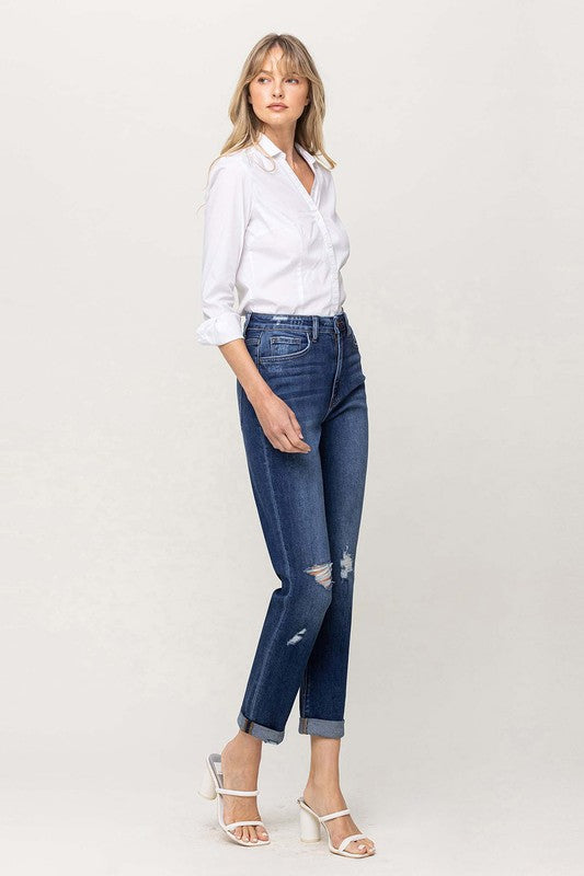 DISTRESSED DOUBLE CUFFED STRETCH MOM JEAN BY FLYING MONKEY JEANS - Corinne's Boutique