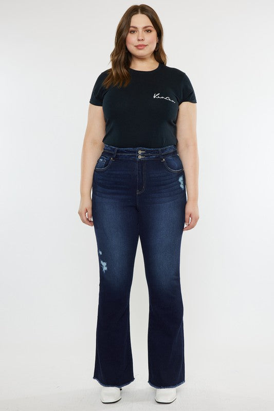 Plus High Rise Double WB Fray Hem Flare Jeans Kan Can Jeans - Corinne's Boutique