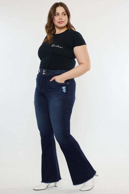 Plus High Rise Double WB Fray Hem Flare Jeans Kan Can Jeans - Corinne's Boutique