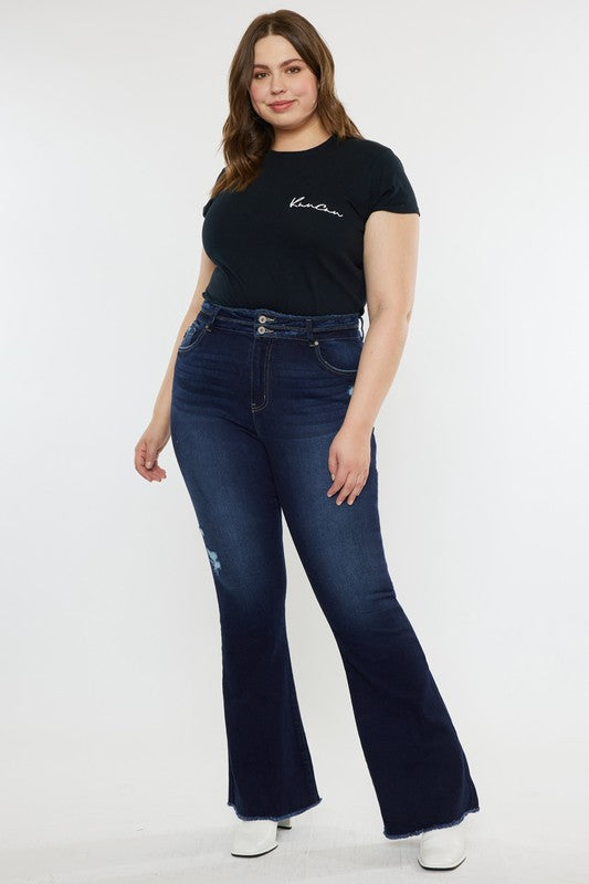 Plus High Rise Double WB Fray Hem Flare Jeans Kan Can Jeans - Corinne's Boutique