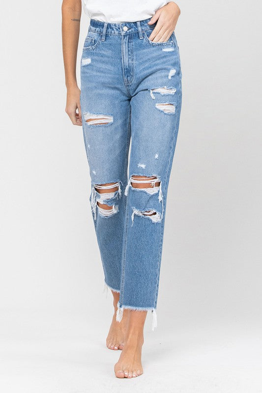 DISTRESSED RAW HEM MOM JEANS BY FLYING MONKEY JEANS - Corinne's Boutique