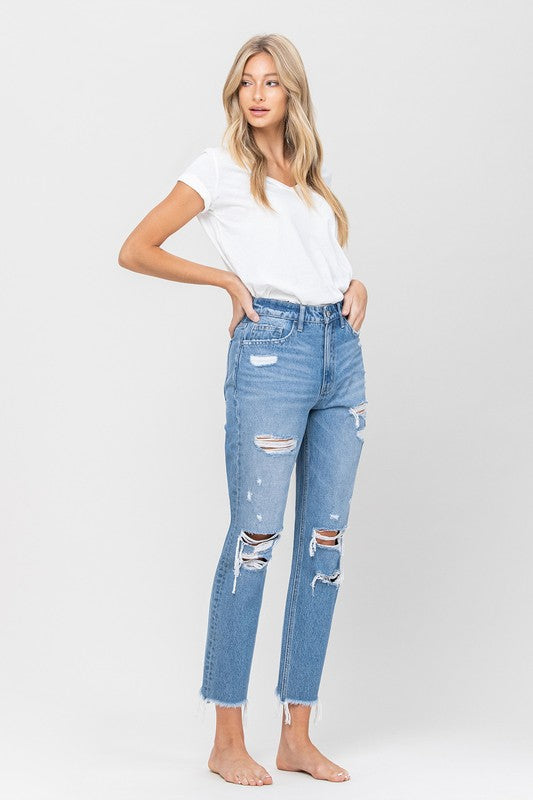 DISTRESSED RAW HEM MOM JEANS BY FLYING MONKEY JEANS - Corinne's Boutique