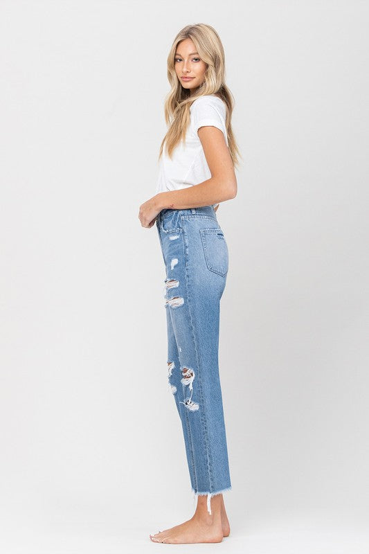 DISTRESSED RAW HEM MOM JEANS BY FLYING MONKEY JEANS - Corinne's Boutique