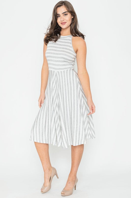 Plus Size Stripe Halter Neck Midi Swing Dress - Corinne's Boutique