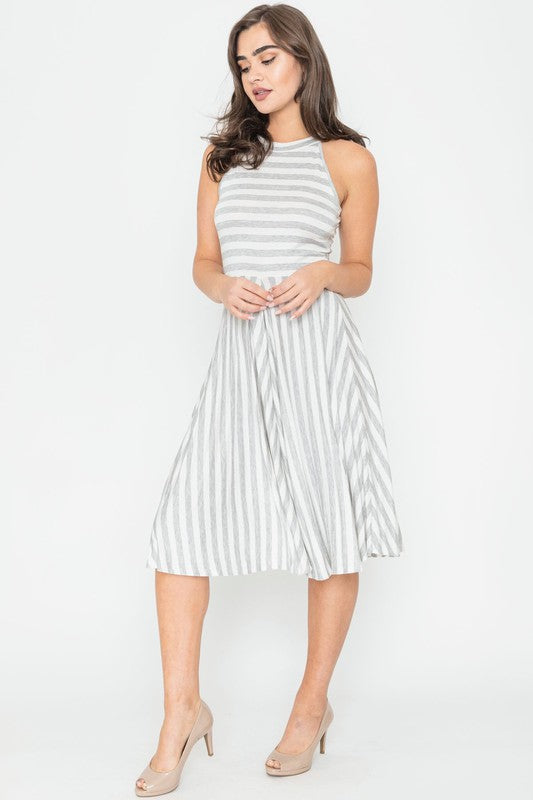 Plus Size Stripe Halter Neck Midi Swing Dress - Corinne's Boutique