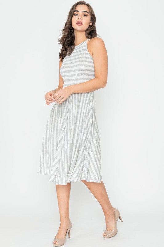 Plus Size Stripe Halter Neck Midi Swing Dress - Corinne's Boutique