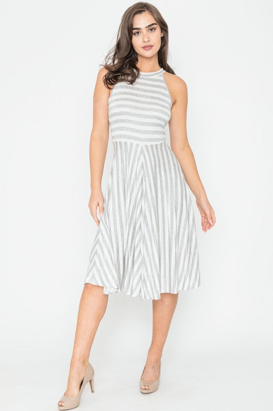 Plus Size Stripe Halter Neck Midi Swing Dress - Corinne's Boutique