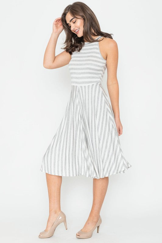 Plus Size Stripe Halter Neck Midi Swing Dress - Corinne's Boutique