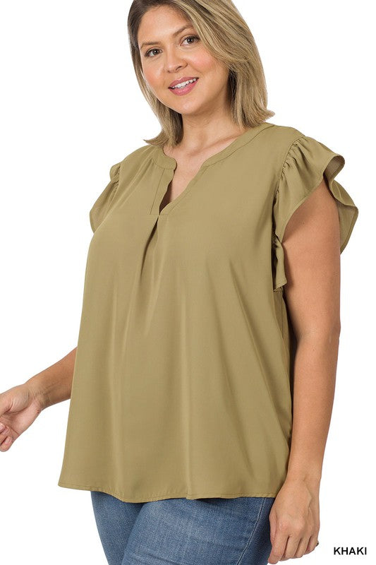 PLUS SIZE RUFFLED SLEEVE HIGH-LOW TOP - Corinne's Boutique