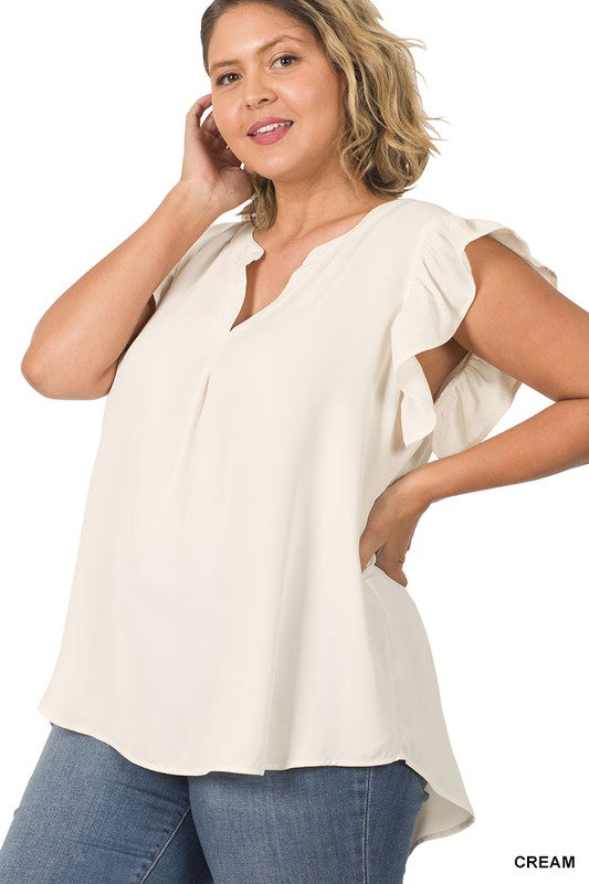 PLUS SIZE RUFFLED SLEEVE HIGH-LOW TOP - Corinne's Boutique