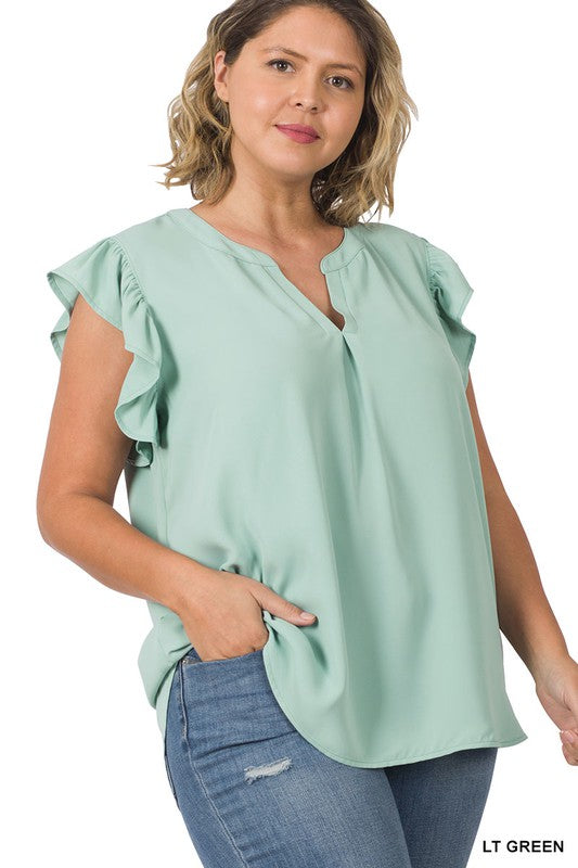 PLUS SIZE RUFFLED SLEEVE HIGH-LOW TOP - Corinne's Boutique