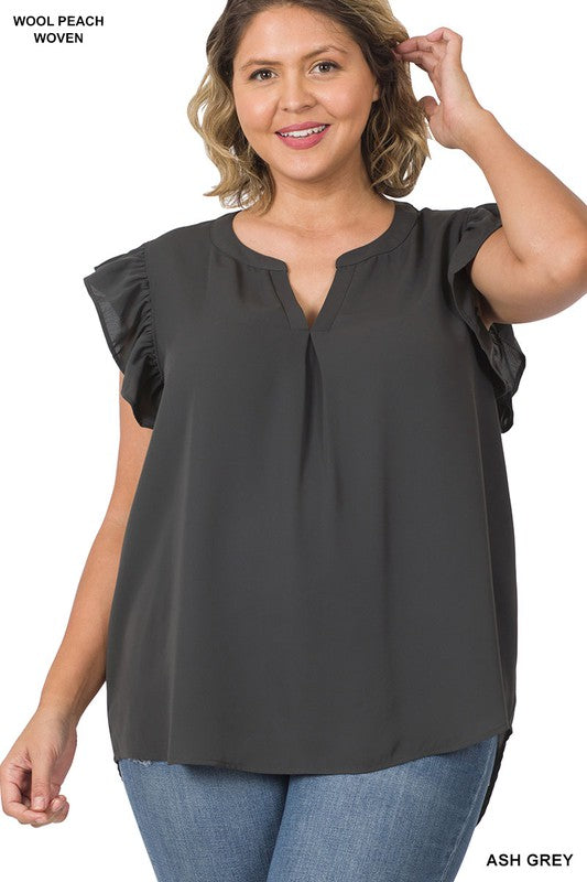 PLUS SIZE RUFFLED SLEEVE HIGH-LOW TOP - Corinne's Boutique