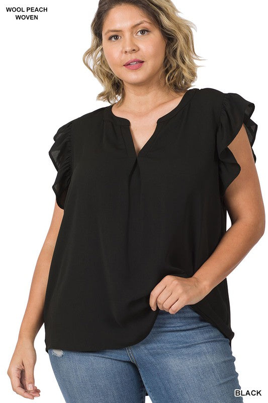 PLUS SIZE RUFFLED SLEEVE HIGH-LOW TOP - Corinne's Boutique