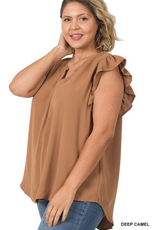 PLUS SIZE RUFFLED SLEEVE HIGH-LOW TOP - Corinne's Boutique