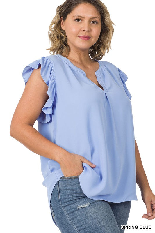 PLUS SIZE RUFFLED SLEEVE HIGH-LOW TOP - Corinne's Boutique