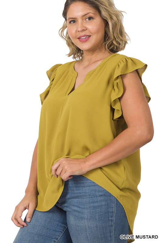 PLUS SIZE RUFFLED SLEEVE HIGH-LOW TOP - Corinne's Boutique