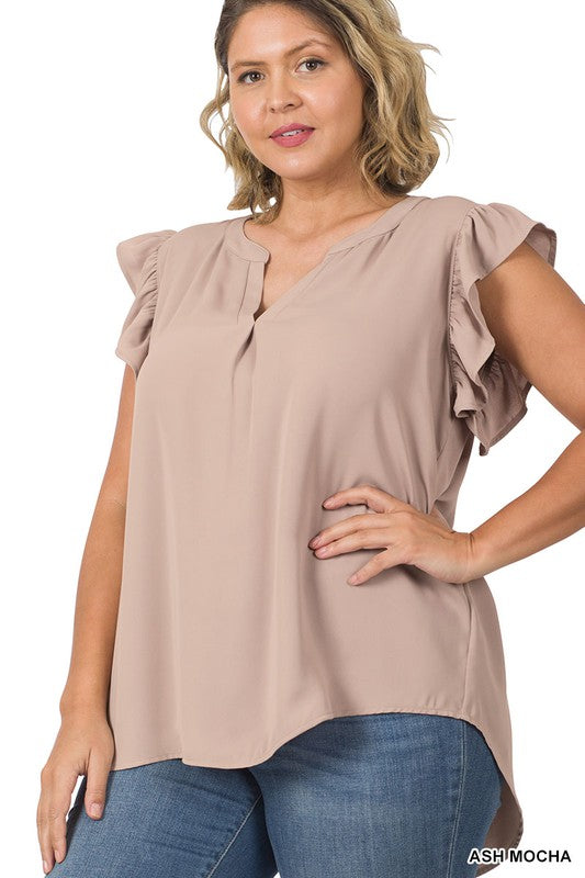 PLUS SIZE RUFFLED SLEEVE HIGH-LOW TOP - Corinne's Boutique