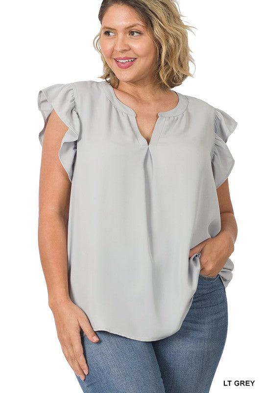 PLUS SIZE RUFFLED SLEEVE HIGH-LOW TOP - Corinne's Boutique