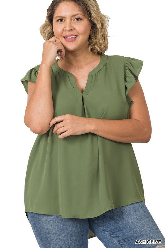 PLUS SIZE RUFFLED SLEEVE HIGH-LOW TOP - Corinne's Boutique