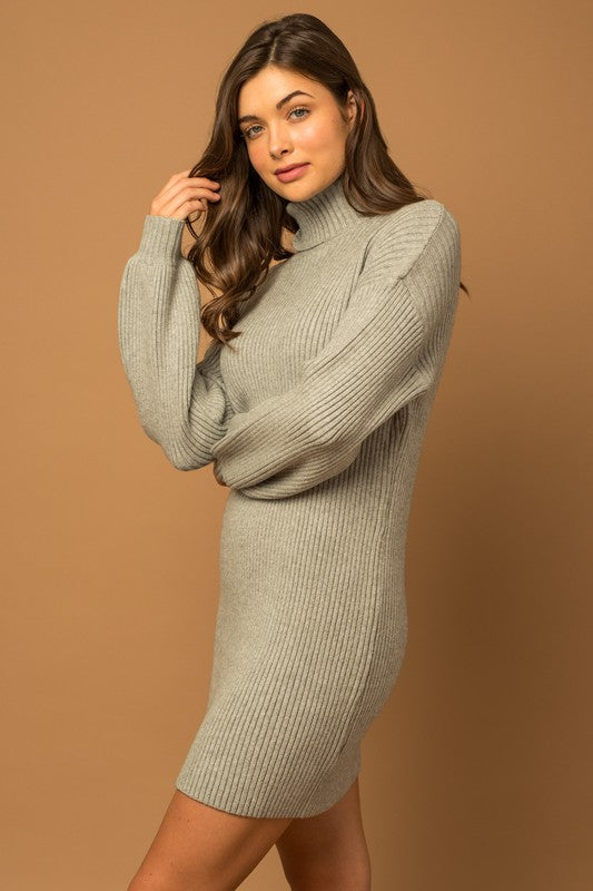 Turtle Neck Balloon Sleeve Sweater Dress - Corinne's Boutique