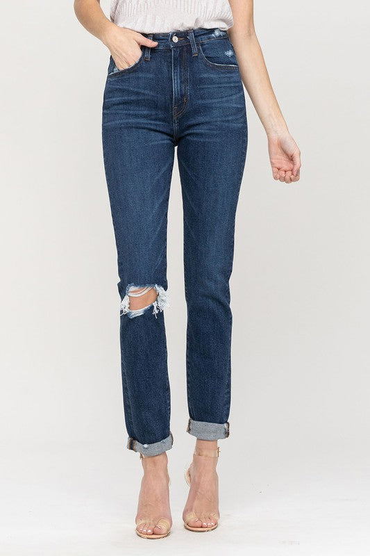 Distressed Roll Up Stretch Mom Jeans VERVET by Flying Monkey Jeans - Corinne's Boutique