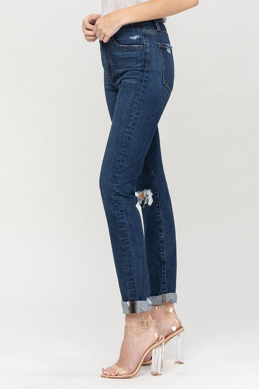 Distressed Roll Up Stretch Mom Jeans VERVET by Flying Monkey Jeans - Corinne's Boutique