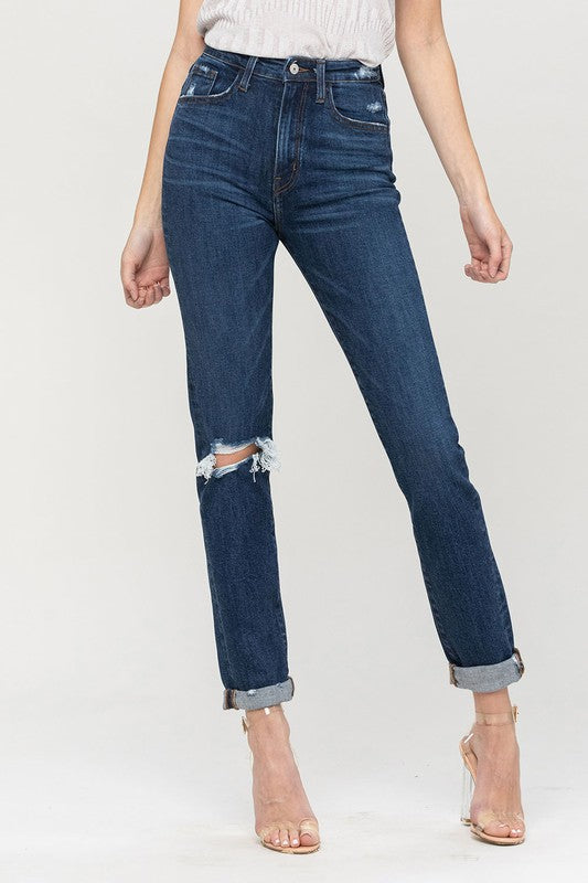 Distressed Roll Up Stretch Mom Jeans VERVET by Flying Monkey Jeans - Corinne's Boutique