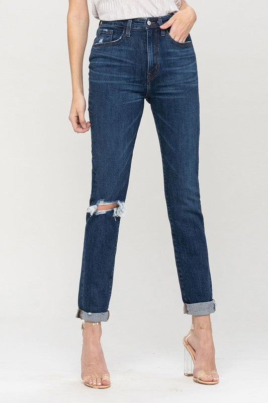 Distressed Roll Up Stretch Mom Jeans VERVET by Flying Monkey Jeans - Corinne's Boutique