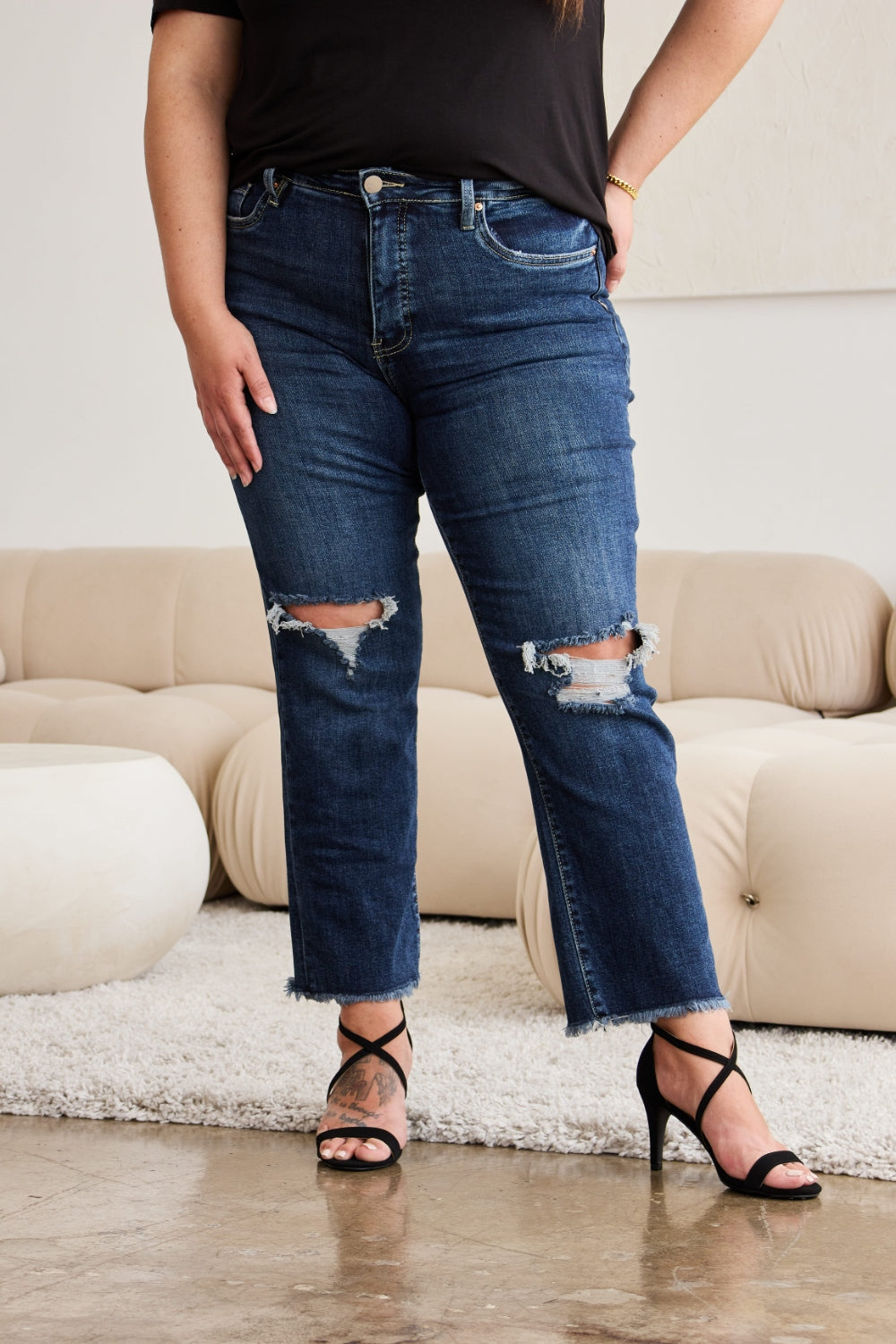 RFM Full Size Tummy Control Distressed High Waist Raw Hem Jeans - Corinne's Boutique