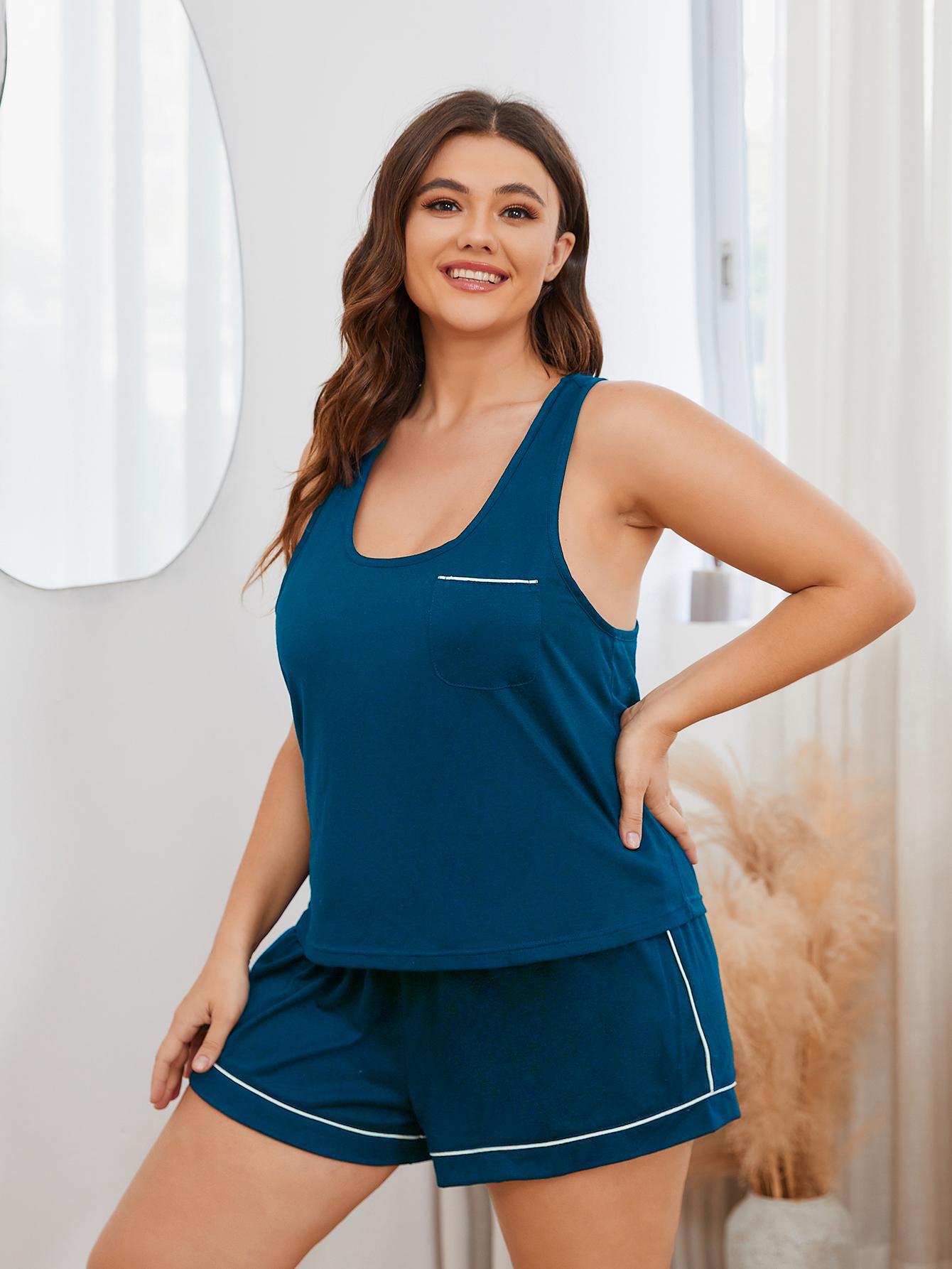 Plus Size Contrast Piping Racerback Tank and Shorts Lounge Set - Corinne's Boutique