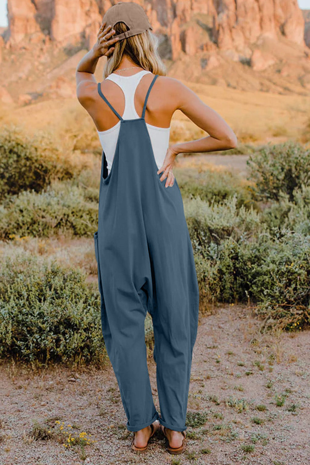 Double Take Full Size V-Neck Sleeveless Jumpsuit with Pockets - Corinne's Boutique