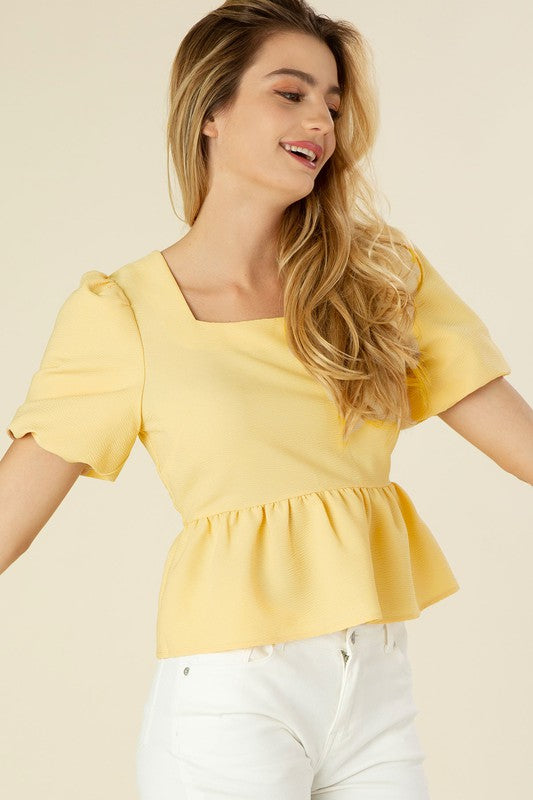 Bubble Sleeve Blouse with Peplum Waist - Corinne's Boutique