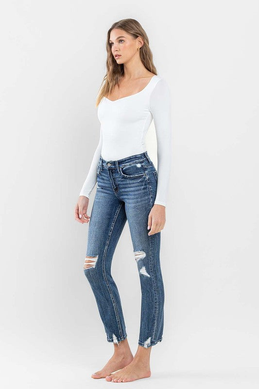 Mid Rise Distressed Crop Slim Straight Jeans by Flying Monkey Jeans - Corinne's Boutique