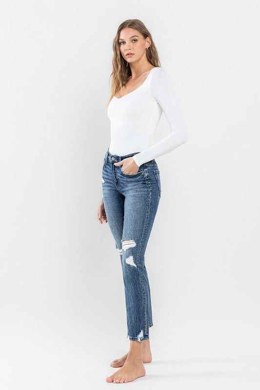 Mid Rise Distressed Crop Slim Straight Jeans by Flying Monkey Jeans - Corinne's Boutique