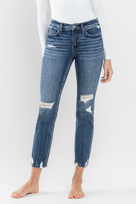 Mid Rise Distressed Crop Slim Straight Jeans by Flying Monkey Jeans - Corinne's Boutique