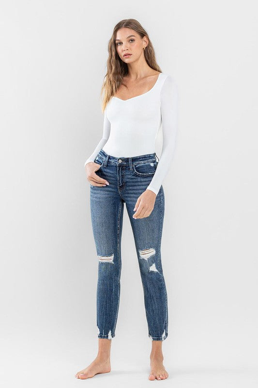 Mid Rise Distressed Crop Slim Straight Jeans by Flying Monkey Jeans - Corinne's Boutique