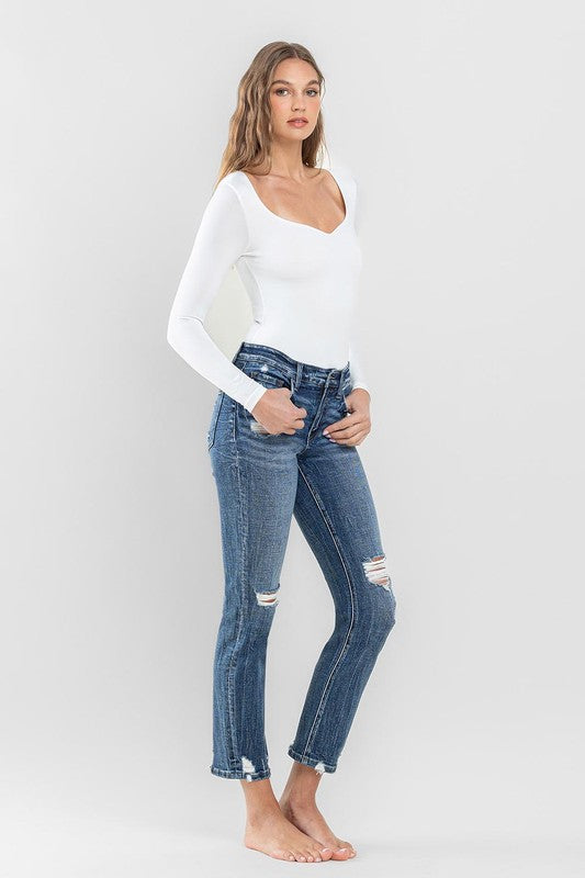 Mid Rise Distressed Crop Slim Straight Jeans by Flying Monkey Jeans - Corinne's Boutique